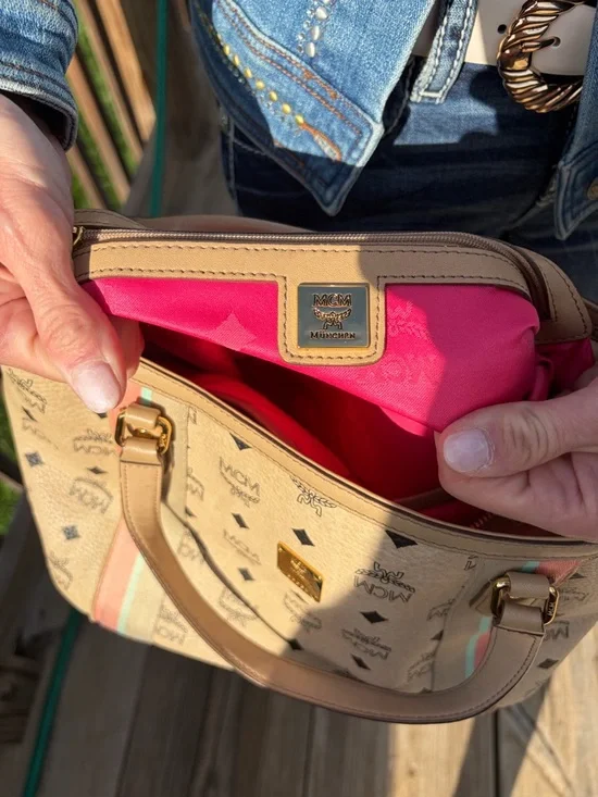 MCM Beige/Pale Pink Monogram Canvas Tote with Striped Trim - Picture 12 of 12